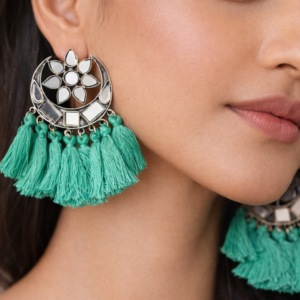 Green Mirror Tassel Oxidized Statement Earrings