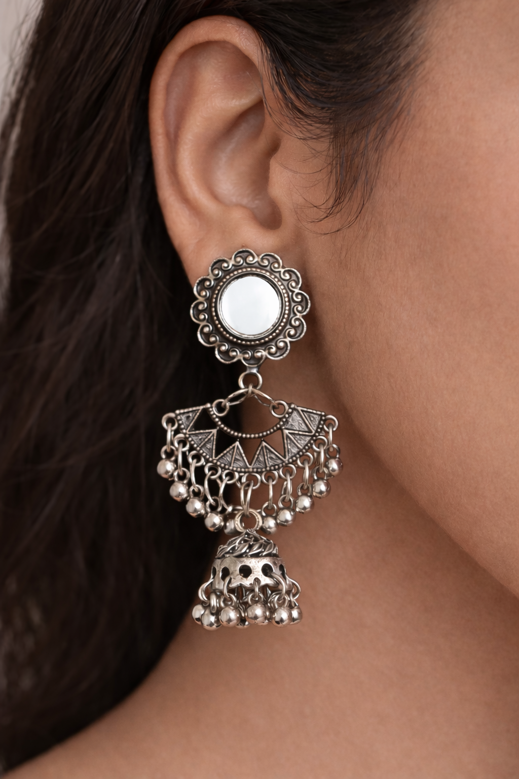 Ethnic Oxidized Mirror Drop Earrings with Jhumka - Image 2