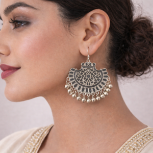 Traditional Oxidized Silver Look Chandbali Statement Earrings