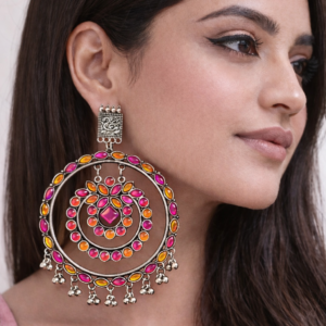 Oxidized Circular Mirror Work Statement Earrings