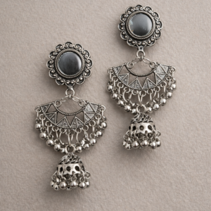 Ethnic Oxidized Mirror Drop Earrings with Jhumka