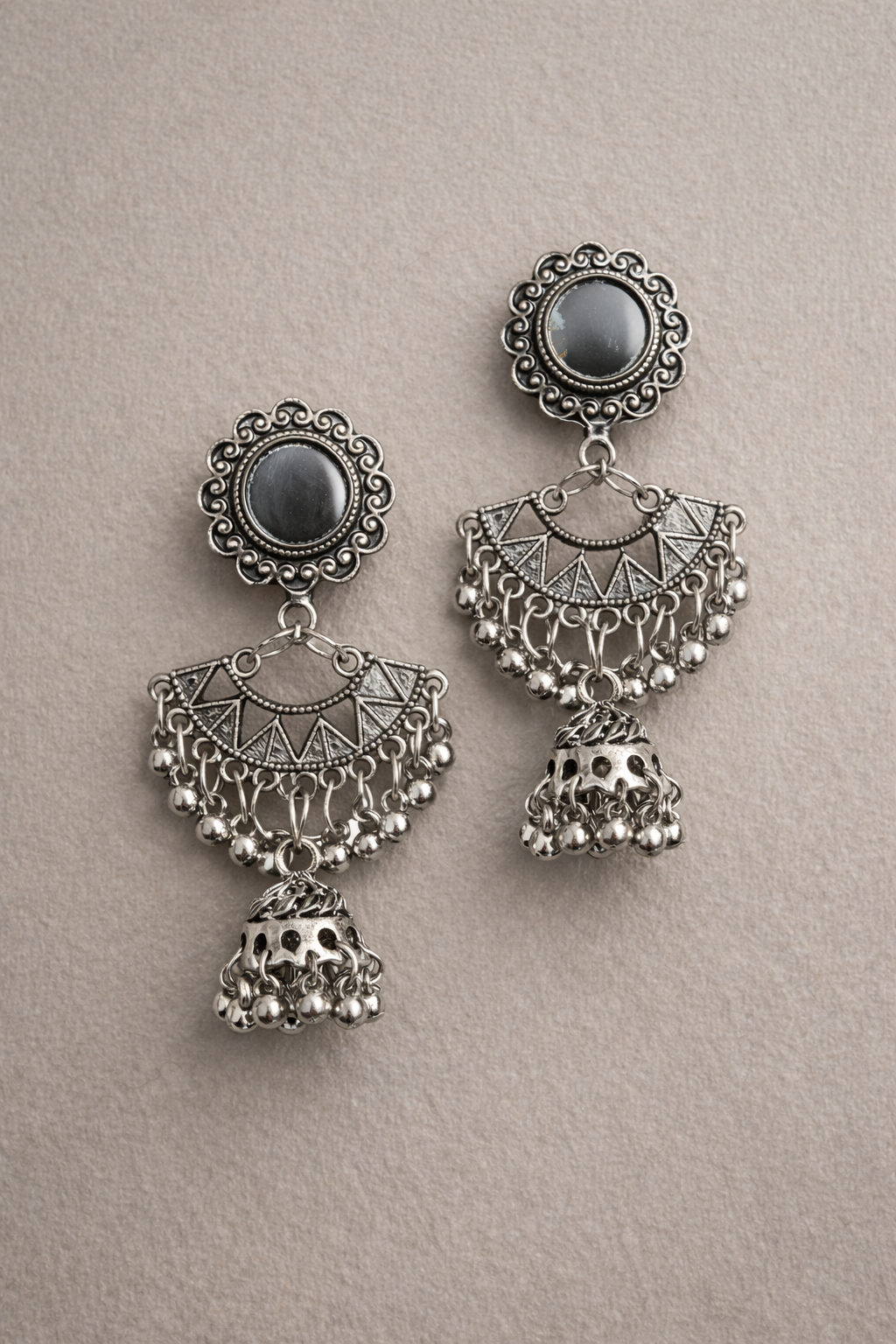 Ethnic Oxidized Mirror Drop Earrings with Jhumka