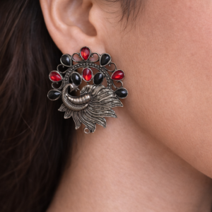 Oxidized Peacock Stud Earrings with Red & Black Stones
