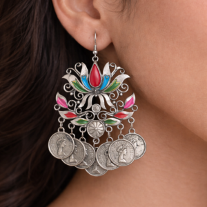 Oxidized Lotus Coin Statement Earrings