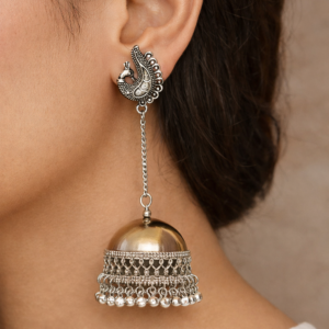 Antique Oxidised Silver Peacock Jhumkas with Chain & Dome Drops