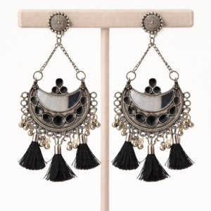 Traditional Oxidized Silver Black Tassle Earrings
