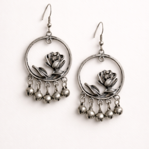 Oxidized Rose Motif Drop Earrings with Ghunghroo Bells