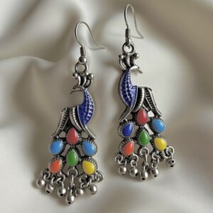 Multicolor Peacock Motif Oxidized Silver Dangler Earrings