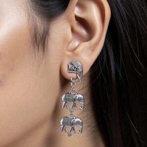 Oxidised Silver Elephant Drop Earrings – Tribal Ethnic Style