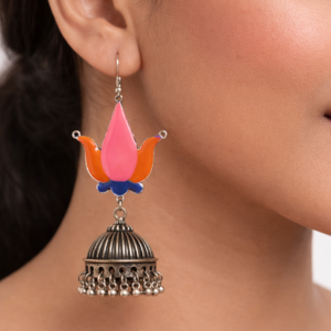 Lotus Motif Multicolor Enamel Jhumka Earrings