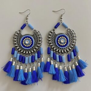 Royal Blue Beaded Tassel Statement Earrings
