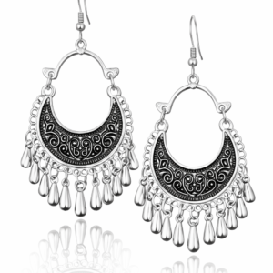 Traditional Oxidized Crescent Earrings with Drops