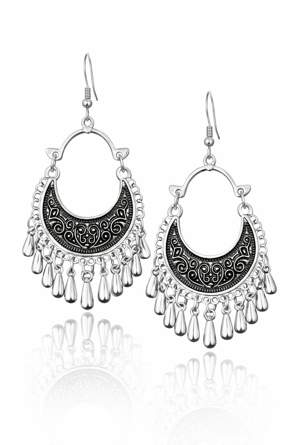 Traditional Oxidized Crescent Earrings with Drops