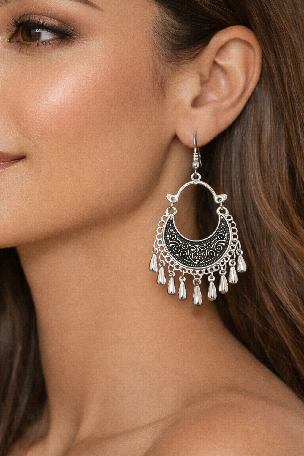 Traditional Oxidized Crescent Earrings with Drops - Image 2