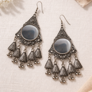 Oxidized Mirror Triangle Drop Earrings with Ghungroo Detailing