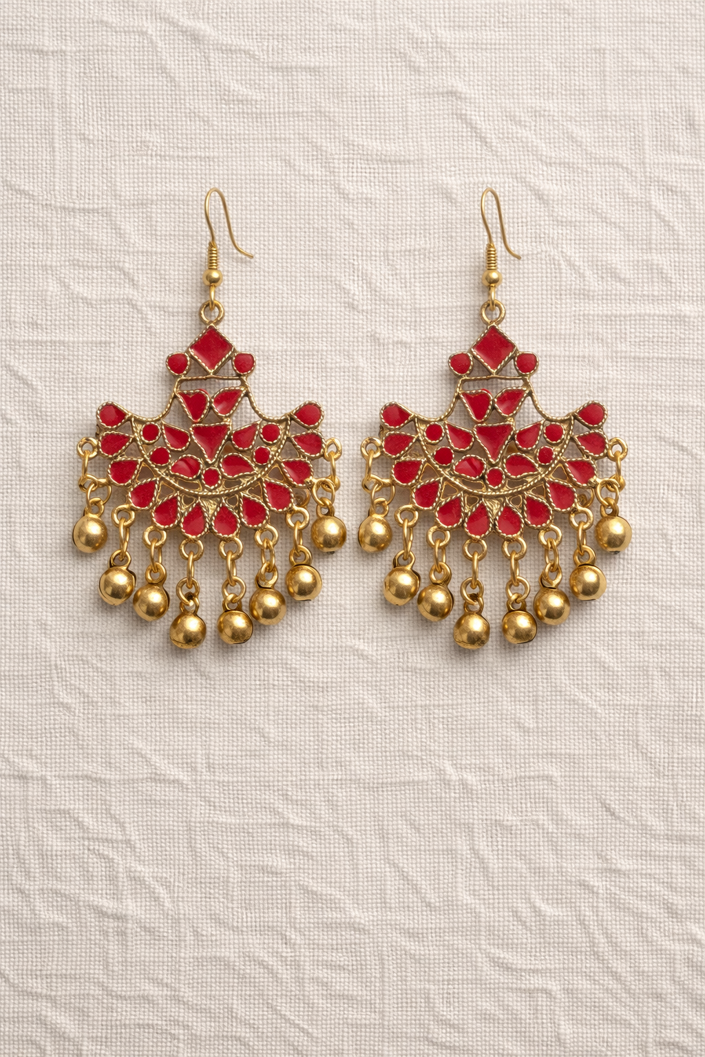 Red Enamel Gold-Tone Drop Earrings with Dangling Beads - Image 2