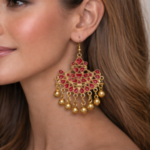 Red Enamel Gold-Tone Drop Earrings with Dangling Beads