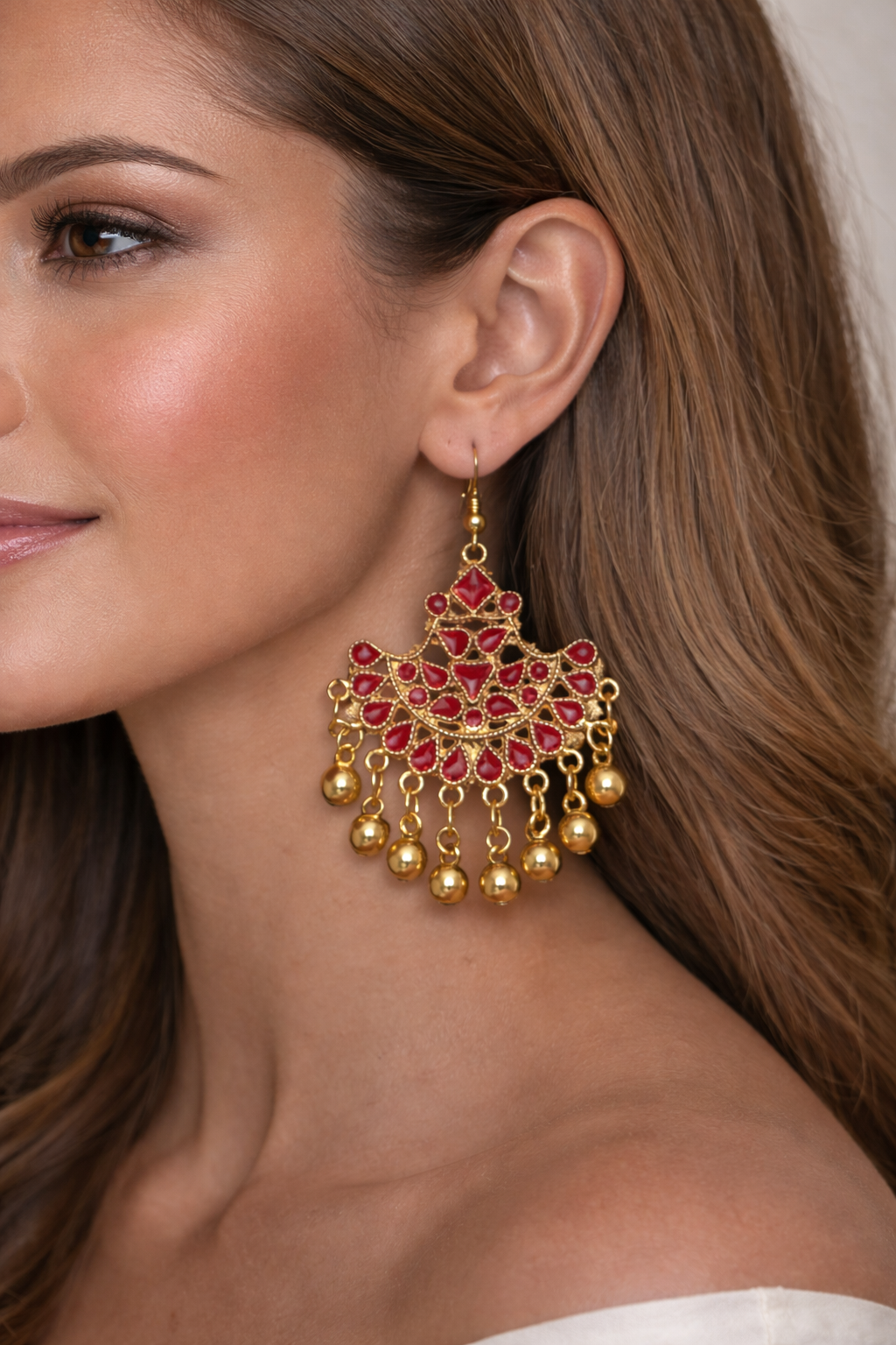 Red Enamel Gold-Tone Drop Earrings with Dangling Beads