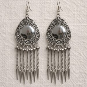 Ethnic Mirror Teardrop Earrings with Metallic Fringe
